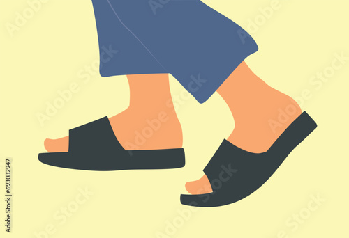 Shoe pair, slippers, flip flops, footwear. Feet with pants walking in flip flops. Fashion home slippers, flip flops. Summer outdoor or indoor shoes. Color Isolated flat vector illustration