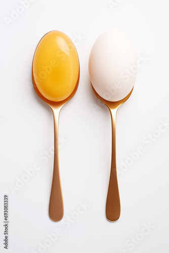 Egg yolk and whole egg on spoons on white background, minimal food photography, overhead top view
