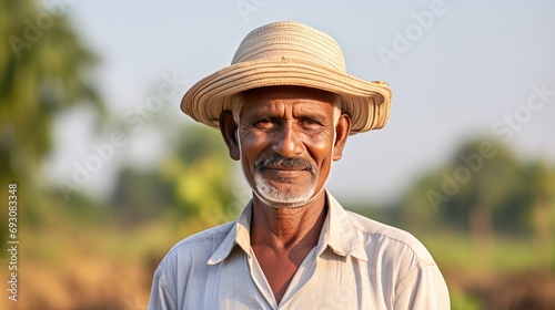 A confident portrait of a happy Indian farmer in rural India concept on white background. 