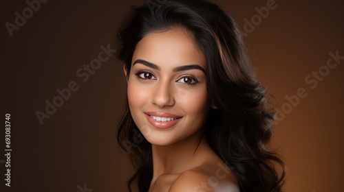 Beautiful Girl Facial Skin Care. Smiling Indian Model with Perfect Eyes Make up