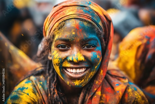 portrait of a young girl at the Holi festival, bright colors and joyful emotions, happy faces