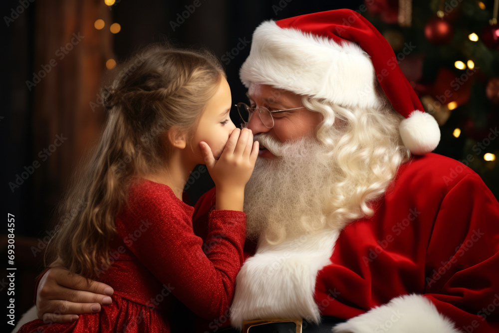 Portrait of cute little girl whispering secret to Santa Claus at home Portrait of cute little girl whispering secret to Santa Claus at home