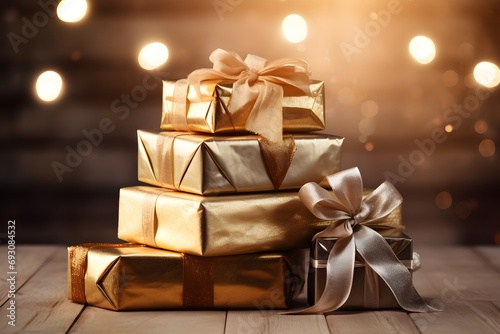 Gift boxes on wooden table with bokeh lights background. Gift boxes with golden bows on wooden table in front of defocused lights. © CosmicAtmoDN