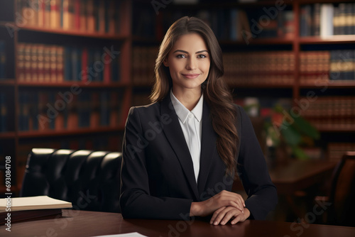 Portrait of a young businesswoman sitting at her desk in a library