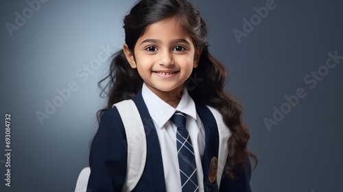 Cute little Indian schoolgirl in uniform looking at camera with backpack while standing on white background photo