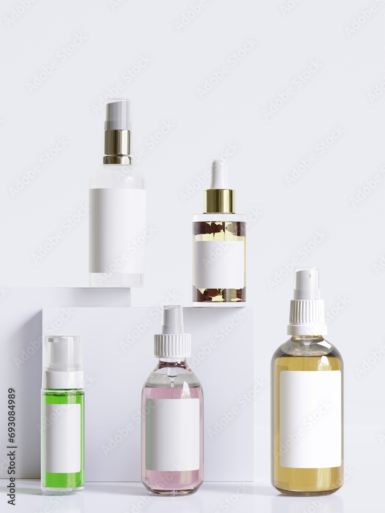 Realistic cosmetic packaging bottle white background, rendering 3D illustration Realistic cosmetic packaging bottle white background, rendering 3D illustration