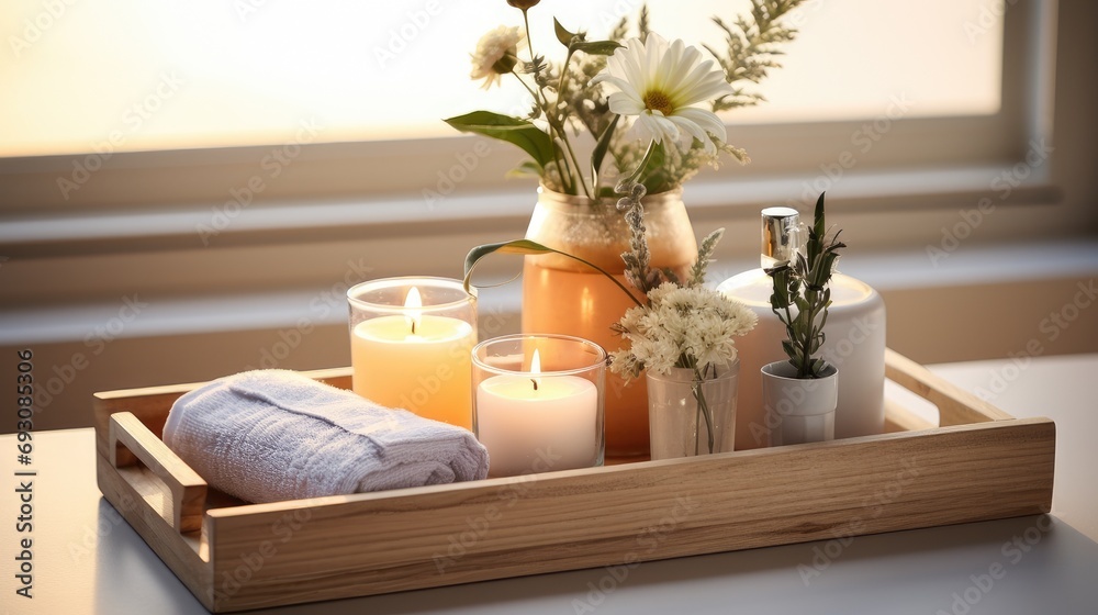 wooden bath tray with candle, air freshener and toiletries on bathtub indoors