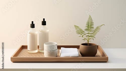 wooden tray with coconut oil and massage brush on a bathtub in a bright room, preference for minimalist composition and symmetry