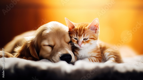 chien et chat endormi ensemble collé l'un à l'autre pour la sieste