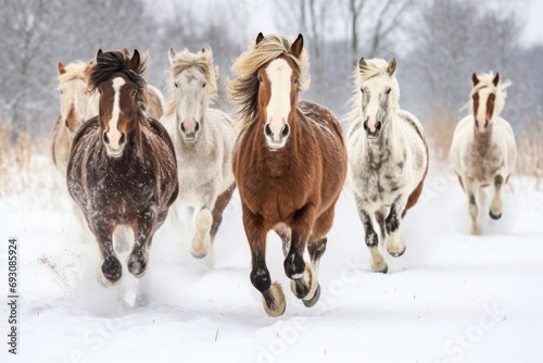 a group of horses playfully running in a snowy field