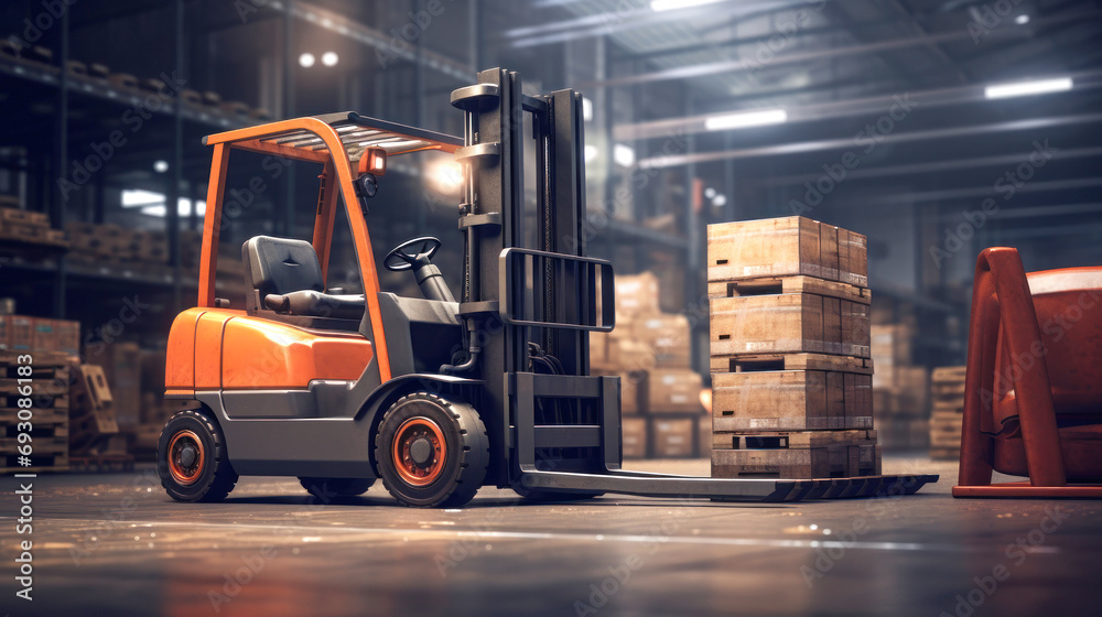 Product warehouse with forklift in a factory. Cargo warehousing. Special equipment for cargo. Product warehouse with forklift in a factory. Cargo warehousing. Special equipment for cargo.