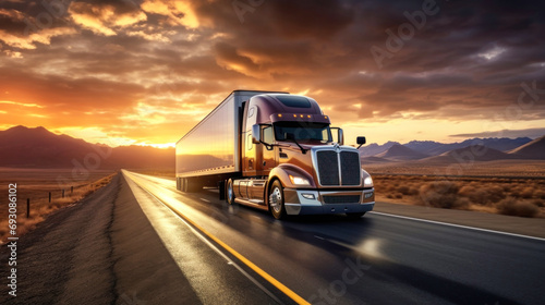 A long-haul semi-trailer is speeding down the highway to deliver a heavy load. Cargo transportation and logistics. Heavy truck. photo