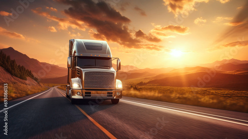 semi-trailer on the highway, highway. sunrise or sunset. The vehicle carries out international cargo transportation. Deserted highway with a truck. © Anoo