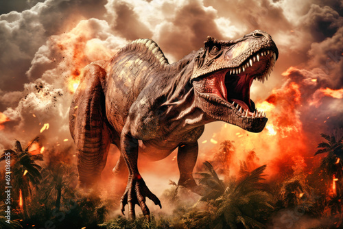 A terrible dinosaur Tyrannosaurus T-rex with an open huge mouth and powerful teeth. Prehistoric monster. © Anoo