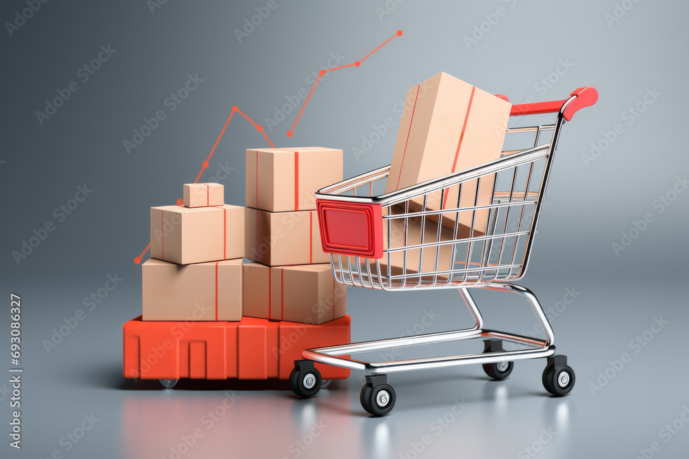 Shopping cart with boxes on gray background. Copy space
