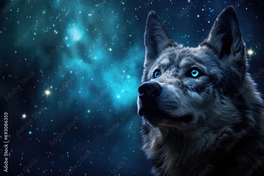 wolfs eyes superimposed on an image of a starry sky - obrazy, fototapety, plakaty 