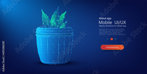 Green growing plant sprout. Low poly style design. Futuristic Digital Plant in a Pot with Glowing Polygonal Design on a Dark Blue Background. Vector illustration