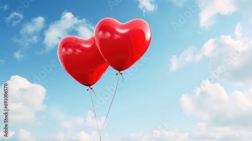Two bright red  heart-shaped balloons floating against a blue sky with white clouds.