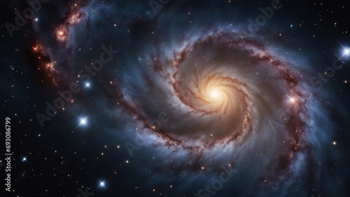 A view from space to a spiral galaxy and stars. Universe filled with stars, nebula and galaxy

