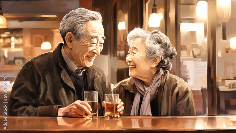 The concept of an active social lifestyle for older people. An elderly Japanese couple drinks alcoholic drinks in a bar or restaurant. Lovers enjoying happy hour at the bar.