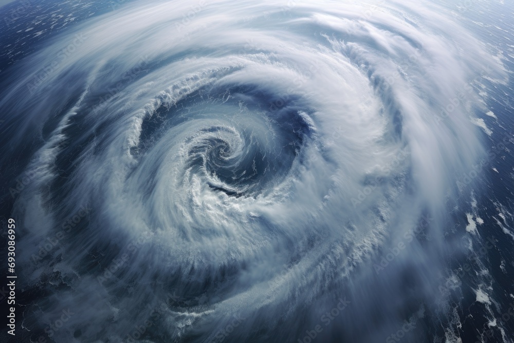 aerial view of a swirling hurricane over the ocean