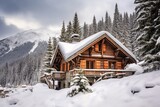 a rustic wooden chalet covered in fresh snow with pine trees in the background