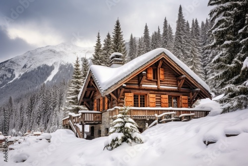 a rustic wooden chalet covered in fresh snow with pine trees in the background © Natalia