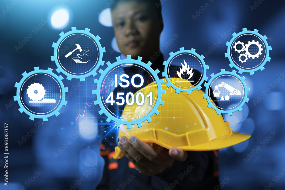 iso 45001 safety standard workplace concept with engineer holding
