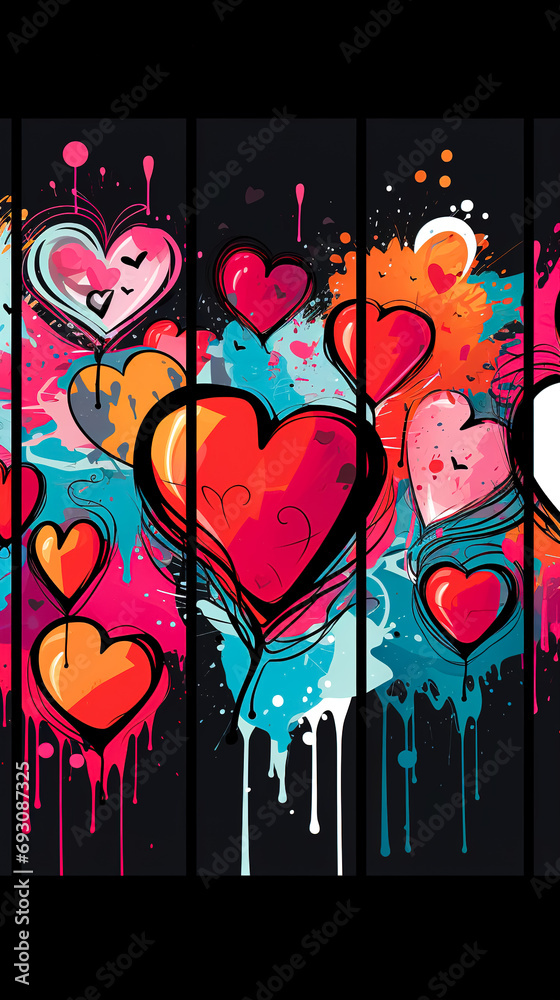 Obraz premium Style of street art with hearts with drips of paint on a dark background.