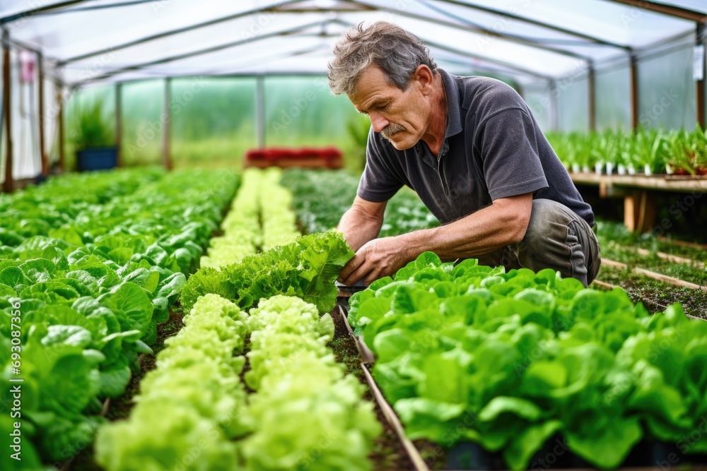 a man in a greenhouse, carefully tending to rows of lettuce - obrazy, fototapety, plakaty 