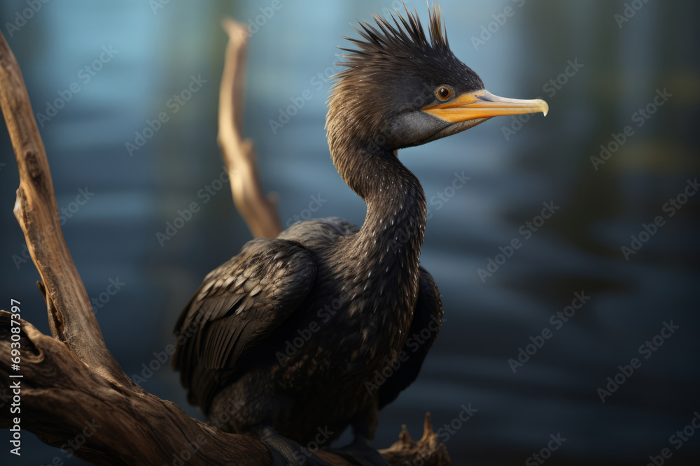 Great cormorant on a tree in the water. Shallow depth of field Great cormorant on a tree in the water. Shallow depth of field