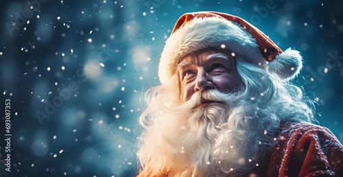 Santa Claus is thinking and looking away. Christmas and New Year concept. Santa Claus is praying over dark background.