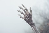 close-up of a skeletal hand emerging from a foggy background