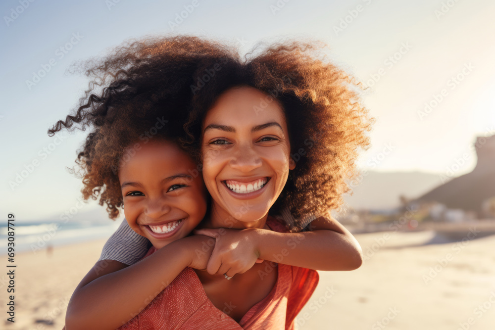 Portrait of a happy mother and her daughter embracing on the beach - obrazy, fototapety, plakaty 