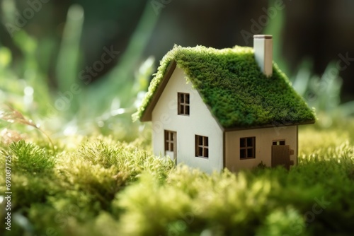 Green and environmentally friendly housing concept. Miniature wooden house in spring grass, moss and ferns on a sunny day. Eco house