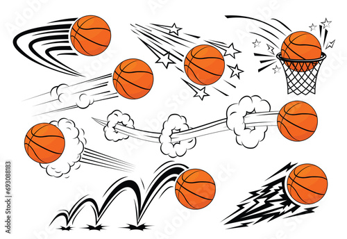 Icons set of Flying basketball ball in comic style. Basketball banner,  template of poster or invitation. Vector on transparent background