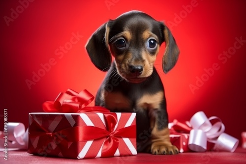 Close up portrait cute little adorable pedigree miniature Dachshund puppy hunting dog doggy positive curious expression gift box present Merry Christmas Xmas holidays Happy New Year postcard greeting © Yuliia