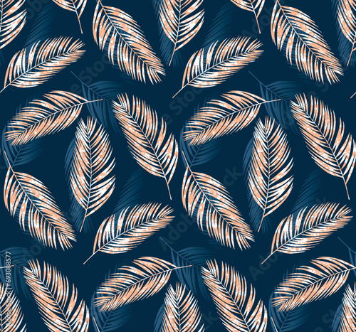 Tropical palm leaves seamless pattern, peach fuzz and blue color, marbling effect, vector illustration, fashion, textile design. Color of the year 2024