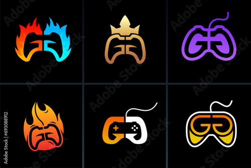 GG logo in a shape of a gaming controller. Badge for streamers and video game players worldwide. Printable stickers. symbol for e-sports teams. streaming icon with letter GG.  photo