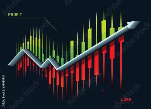3D Vector graphics of a candlestick chart with an arrow going in upward direction showing a trend of growth or progress. Red lines show loss and green lines show profit. Trading vector for videos