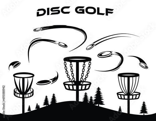 Disc golf logo set with discs flying with speed trails or lines. Sports training club vectors. Best to use in disc golf related artworks and team logos. Print on t-shirts and apparel clothing.  photo