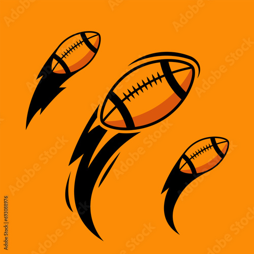 American football throw vector with a trail following it. Illustration of rugby ball going for a touchdown or score. Orange sport ball. Could be used for sports projects or logo design. 