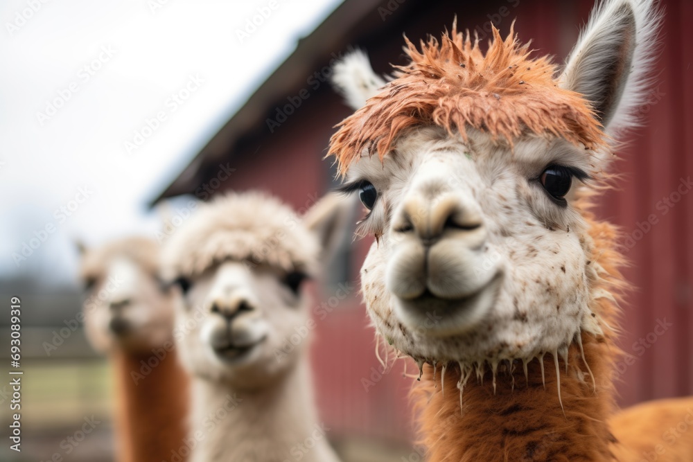 close-up of alpaca faces with barn backdrop