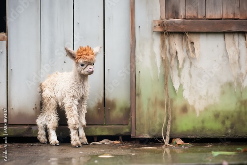 a baby alpaca standing before a weathered barn