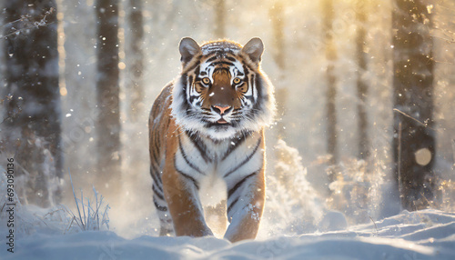 portrait of a tiger in the snowy forest, heavy snowfall and frost on his fur 