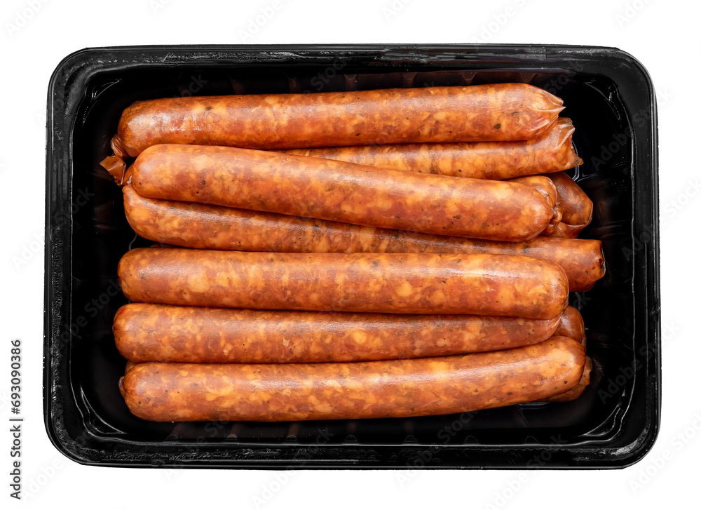 Raw barbecue sausages on a white background in a black plastic box. Pork sausage isolate Raw barbecue sausages on a white background in a black plastic box. Pork sausage isolate