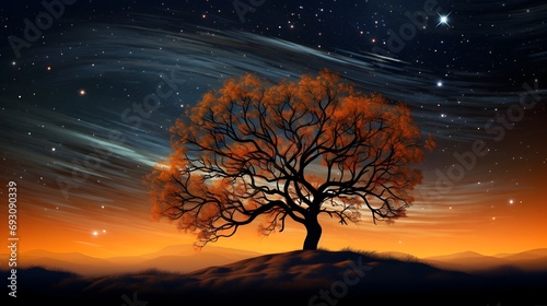 Fantasy landscape with a big tree and a starry sky. Fantasy landscape with an old tree in the middle of the night.