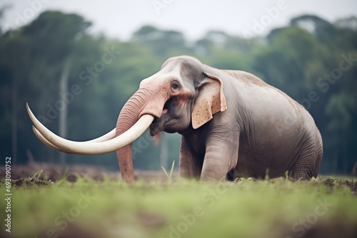 bornean elephant with large tusks grazing photo