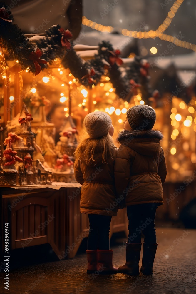 Two little girls choosing Christmas decorations at a fair in City.