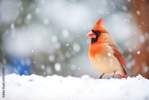 bright cardinal against a soft-focus snowfall background